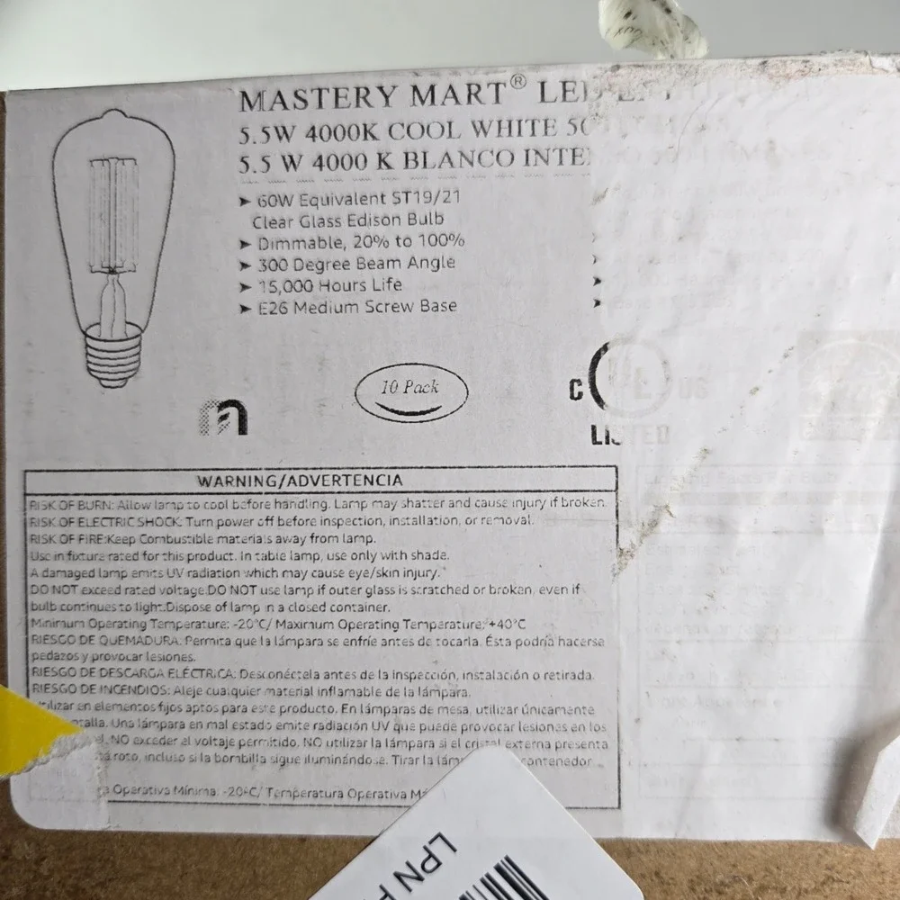 MASTERY MART LED 5.5W 4000K Cool White ST1921 Edison Bulb 10 Pack